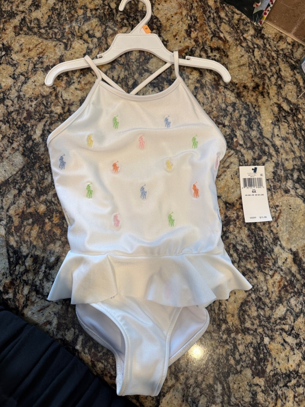 Ralph Lauren White Peplum One-Piece Swimsuit with Multicolor Pony Logos. New